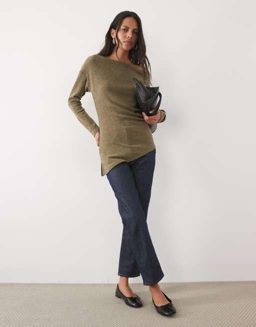 New Look boat neck asymmetric top in khaki, 2 of 4