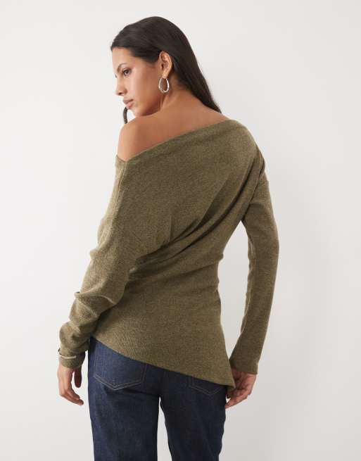 New Look boat neck asymmetric top in khaki, 4 of 4