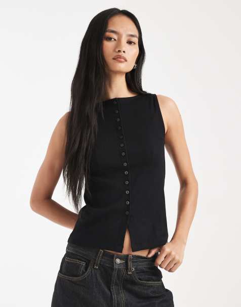 New Look boat neck button through tank top in black - view 1