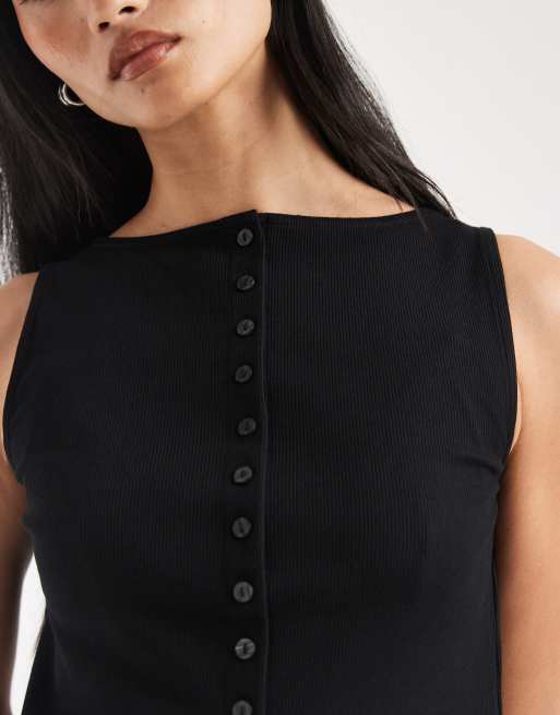 New Look boat neck button through tank top in black, 4 of 4