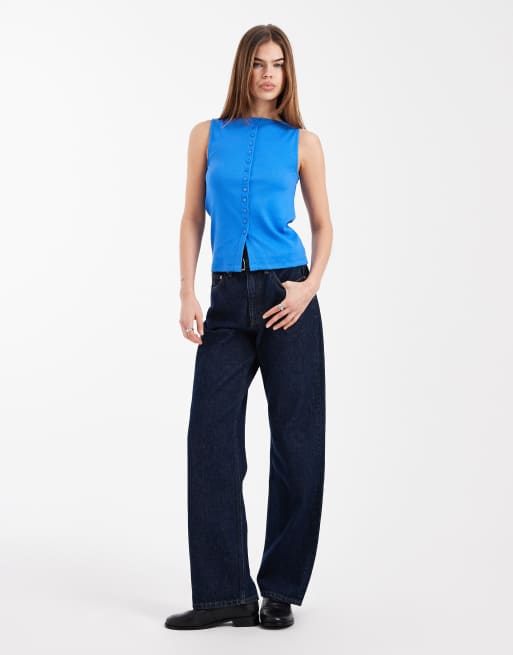 New Look boat neck button through tank top in blue, 2 of 4