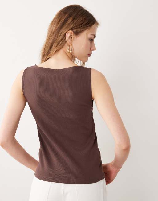 New Look boat neck button through tank top in brown, 3 of 4