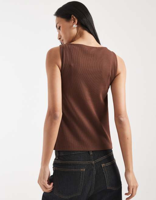 New Look boat neck button through tank top in brown, 2 of 4