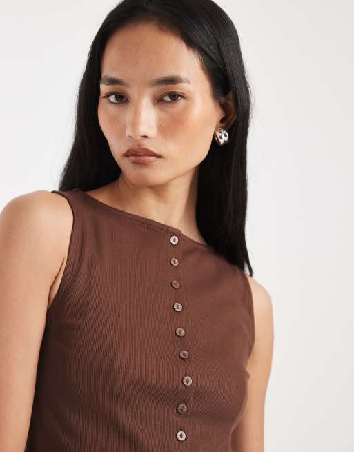 New Look boat neck button through tank top in brown, 3 of 4