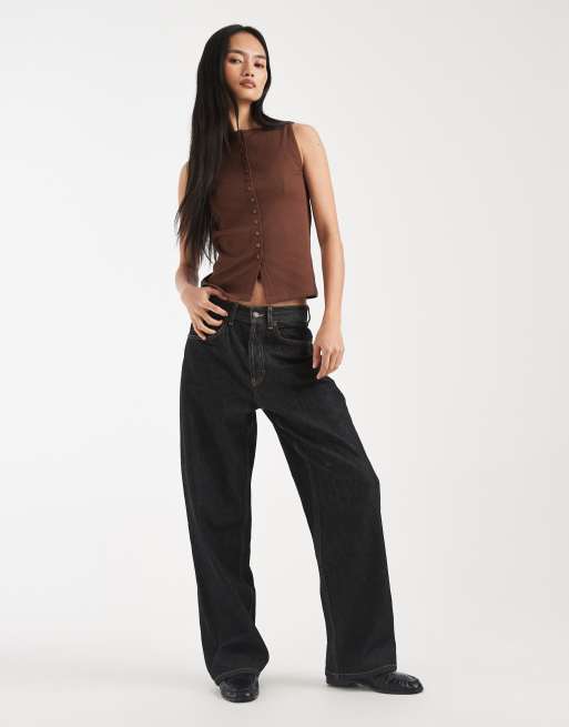 New Look boat neck button through tank top in brown, 4 of 4