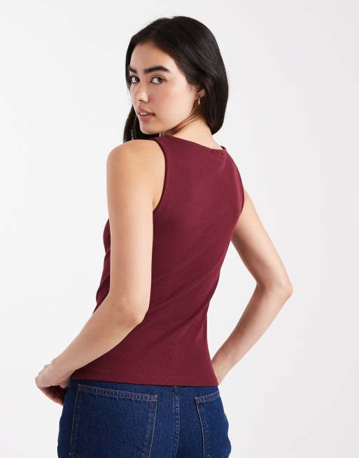 New Look boat neck button through tank top in burgundy, 3 of 4