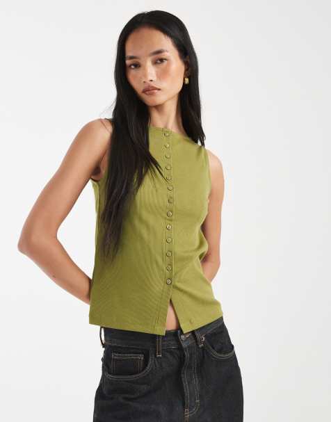 New Look boat neck button through tank top in lime green - view 1