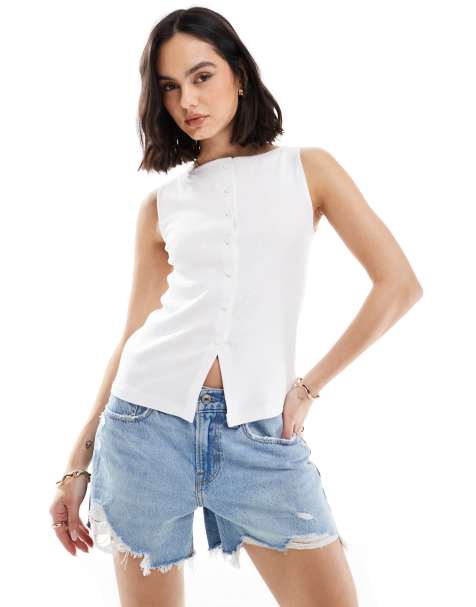 New Look boat neck button through tank top in white - view 1