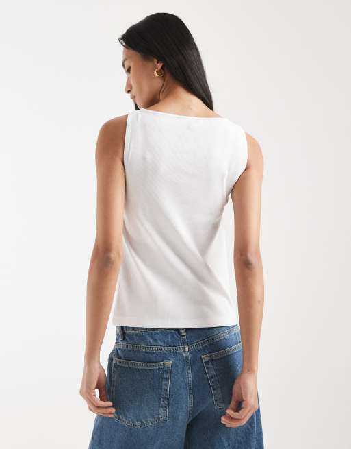 New Look boat neck button through tank top in white | ASOS