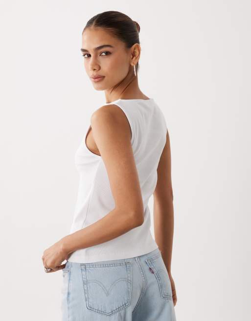 New Look boat neck button through tank top in white, 4 of 4