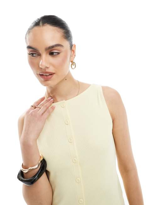New Look boat neck button through tank top in yellow, 2 of 4