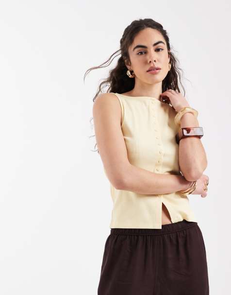 New Look boat neck button through tank top in yellow