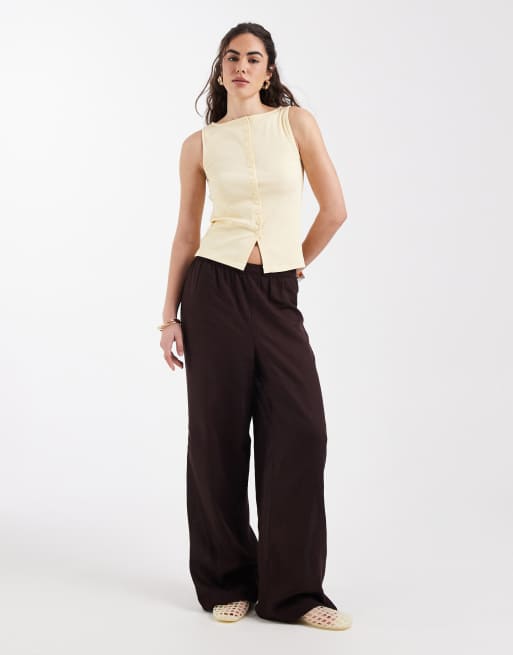 New Look boat neck button through tank top in yellow, 2 of 4