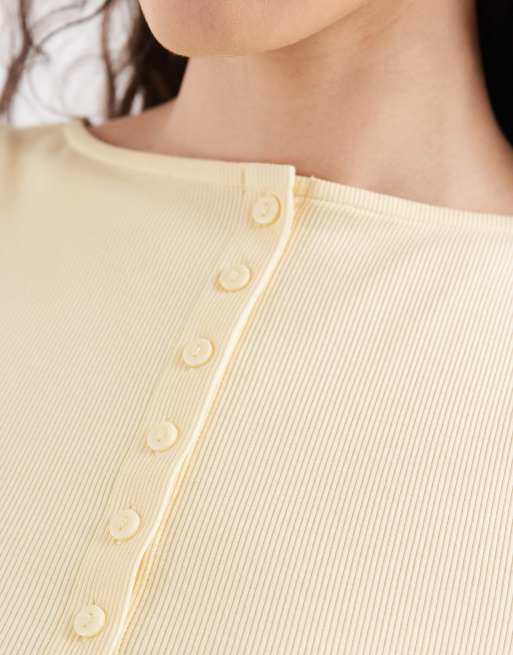 New Look boat neck button through tank top in yellow, 3 of 4