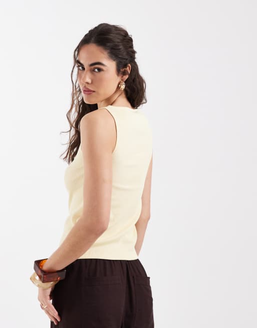 New Look boat neck button through tank top in yellow, 4 of 4