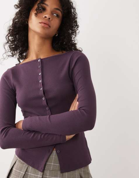 New Look boat neck cardigan in plum purple - view 1