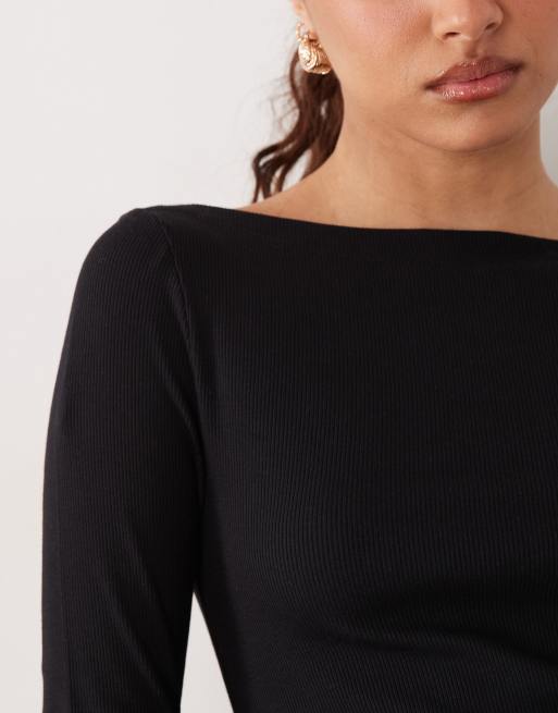 New Look boat neck long sleeve top in black, 3 of 4
