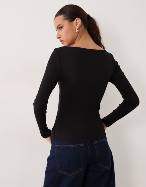 New Look boat neck long sleeve top in black, 4 of 4