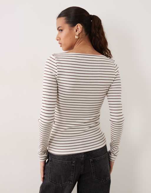 New Look boat neck long sleeve top in burgundy stripe, 4 of 4