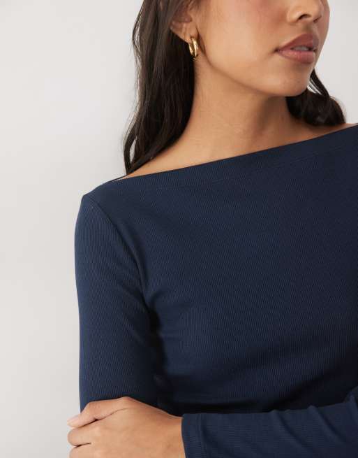 New Look boat neck long sleeve top in navy, 3 of 4