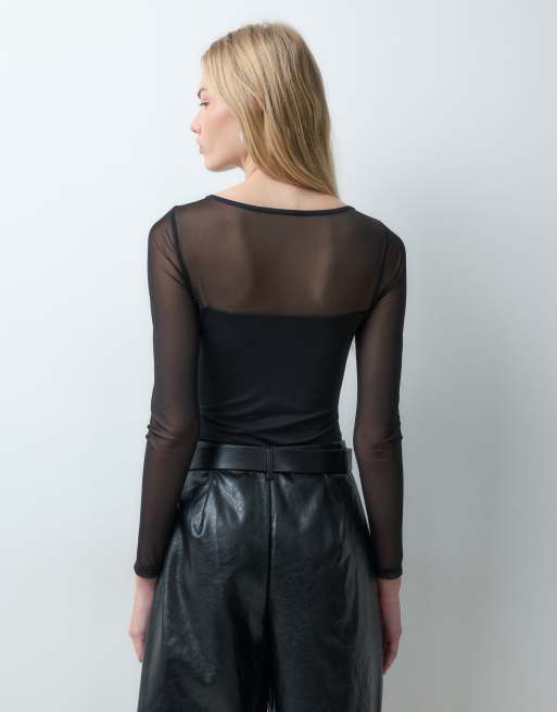 New Look boat neck mesh body in black, 2 of 5