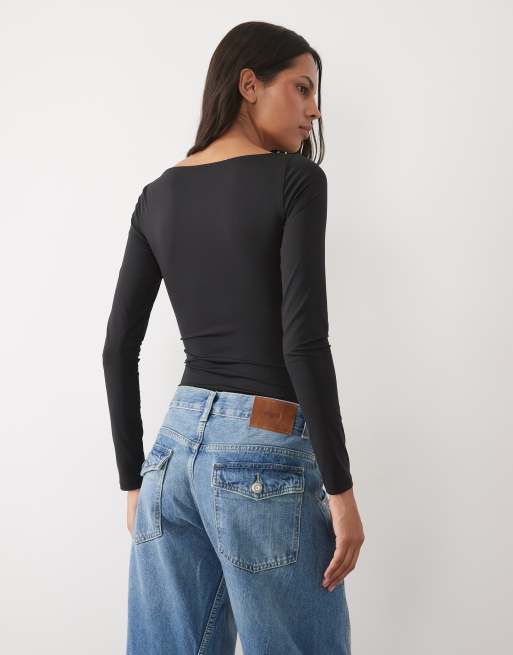 New Look boat neck polyamide long sleeved body in black, 4 of 4