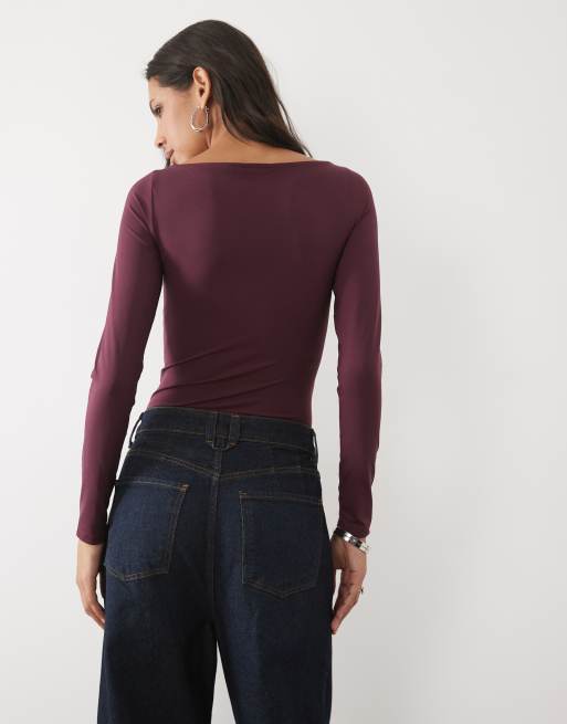New Look boat neck polyamide long sleeved body in burgundy, 4 of 4