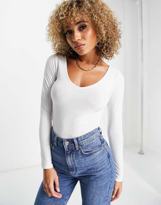 New Look - Body a maniche lunghe bianco con scollo a V