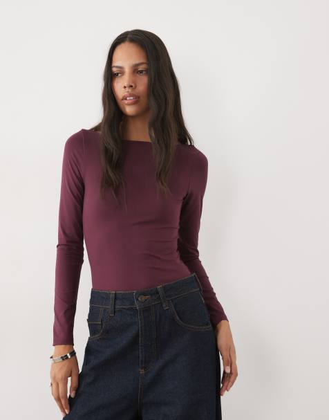 New Look body a maniche lunghe con scollo a barchetta in poliammide bordeaux - view 1