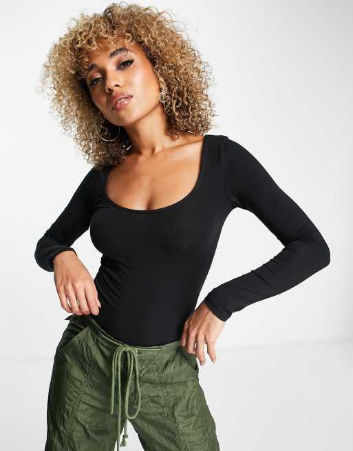 New Look - Body a maniche lunghe nero con scollo rotondo