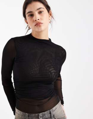 New Look - Body aus Netzstoff in Schwarz mit seitlicher Raffung