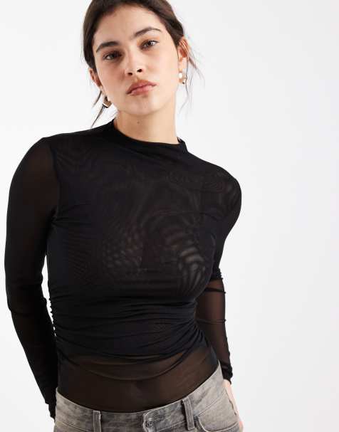 New Look – Body aus Netzstoff in Schwarz mit seitlicher Raffung - view 1