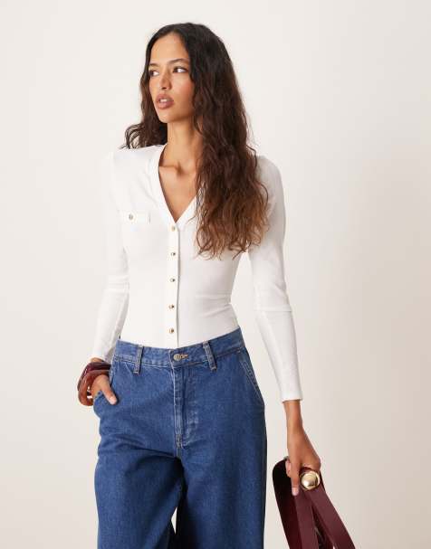 New Look - Body boutonné à manches longues et col V - Blanc cassé - view 1