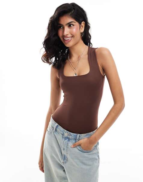 New Look - Body con scollo squadrato marrone liscio - view 1
