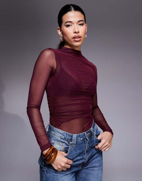 New Look - Body in tessuto a rete color bordeaux con arricciature laterali - view 1