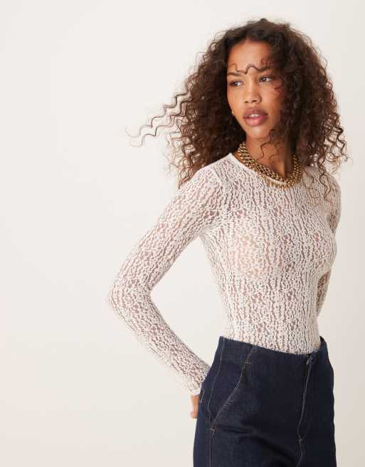 New Look - Body met ronde hals en kant in gebroken wit