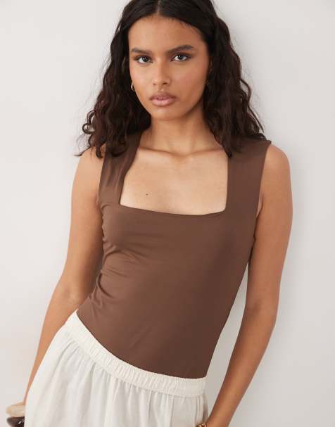 RoomTour Bodysuits voor dames, elegante body met diepe V-hals, lange mouwen, basic jumpsuit, 1, blauw, M