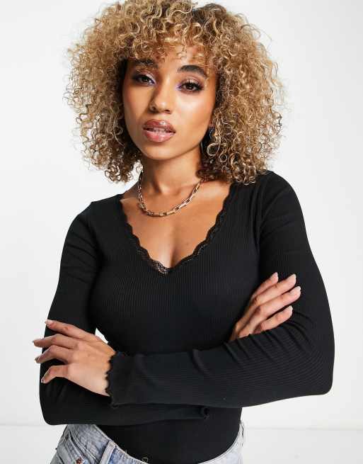 New Look - Body nero a maniche lunghe con bordi in pizzo