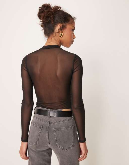 New Look - Body string froncé sur le côté en tulle avec manches longues - Noir, 3 de 4
