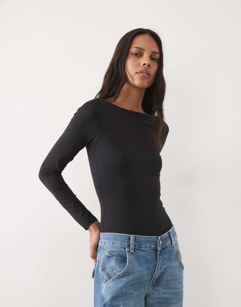 New Look body z dekoltem w łódkę, z poliamidu, z długim rękawem, czarne - view 1
