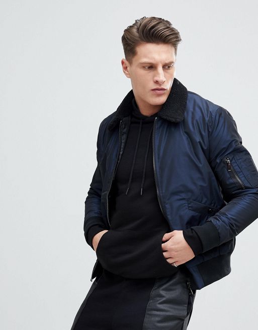 New Look Bomber Jacket With Borg Collar In Navy | ASOS