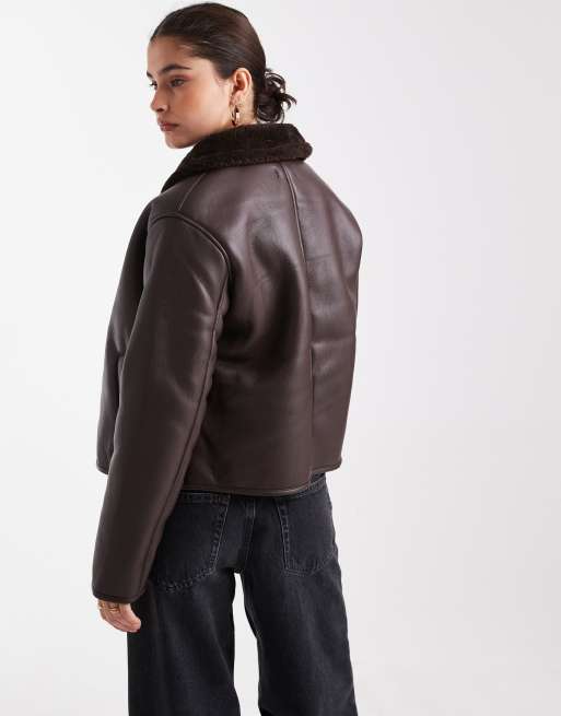 New Look bonded collar short jacket in brown, 3 of 4
