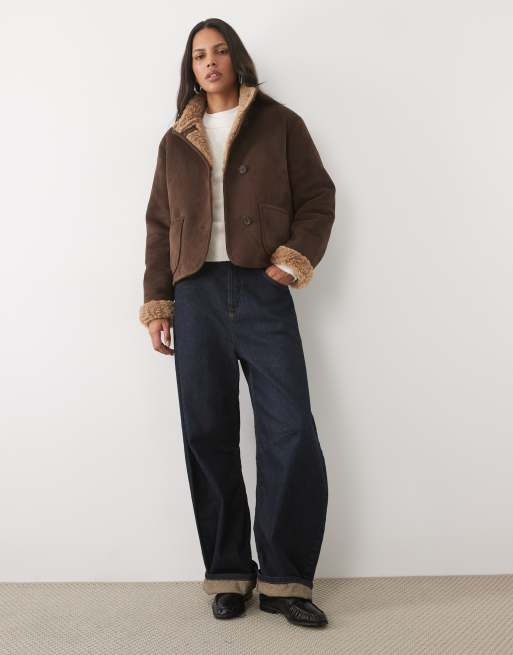 New Look bonded faux-suede borg-lined coat in dark brown, 2 of 4