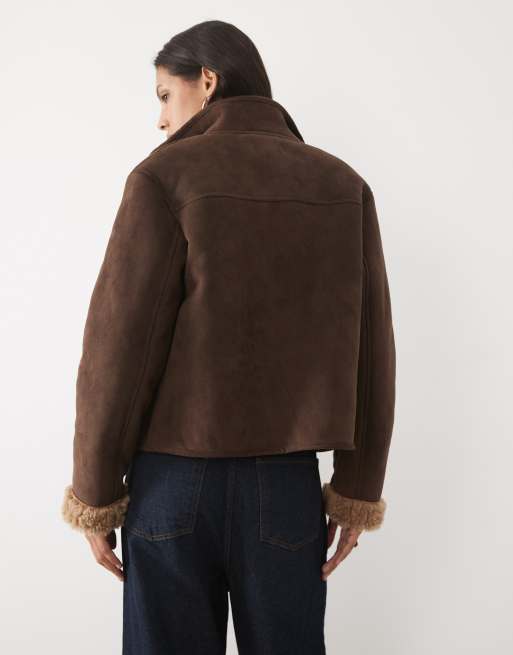 New Look bonded faux-suede borg-lined coat in dark brown, 4 of 4
