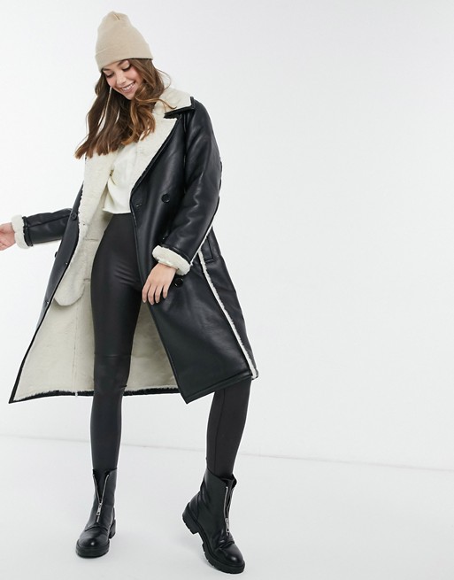 New Look leather look faux fur lined mac coat in black