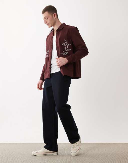 New Look - Bordeaux firkantet overskjorte med broderi, 2 af 5