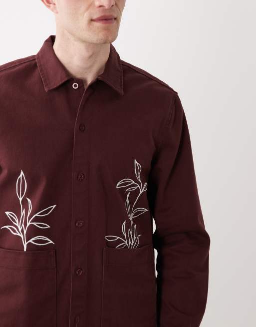 New Look - Bordeaux firkantet overskjorte med broderi, 4 af 5