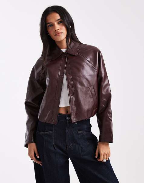 New Look bubble hem faux leather jacket in burgundy
