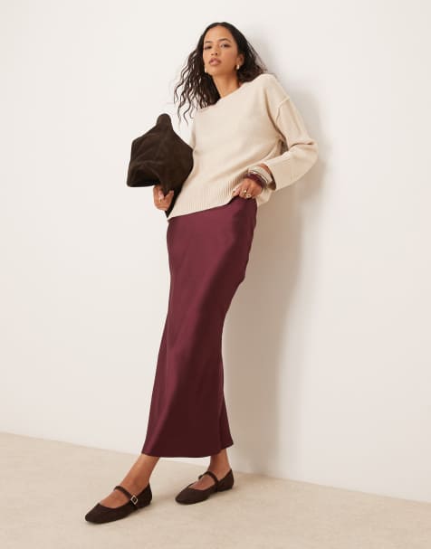 New Look satin midi bias skirt in burgundy