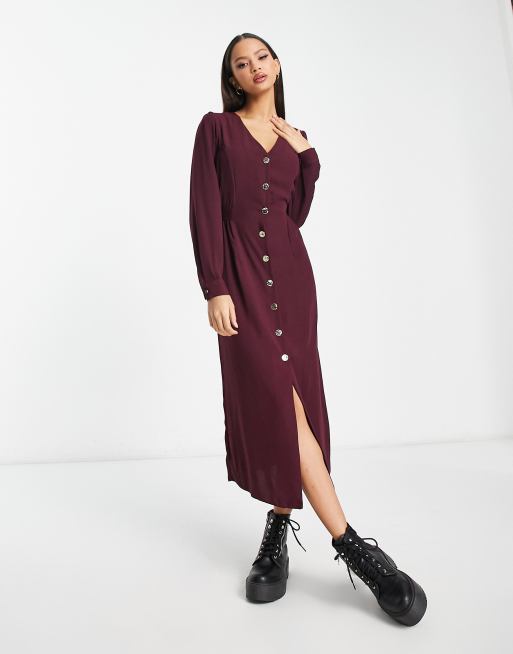 New Look – Bordowa sukienka midi zapinana na guziki